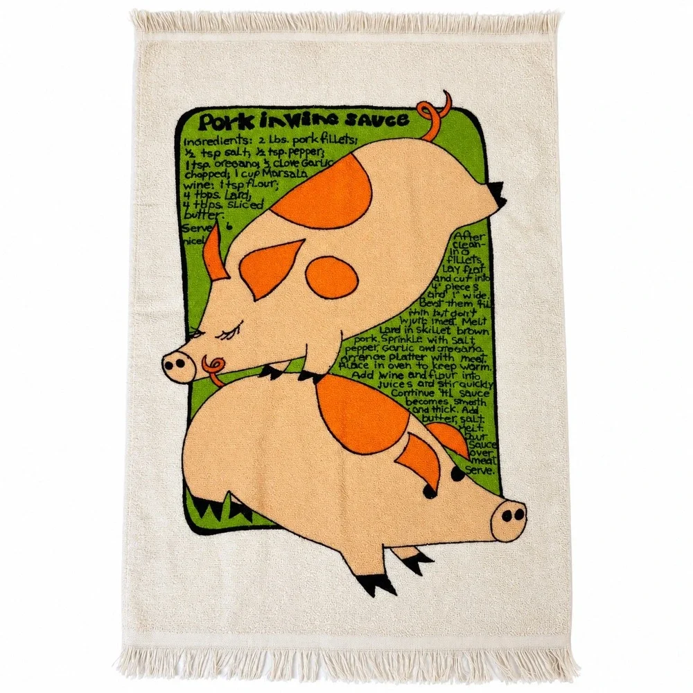 Vtg USA Made Pig Recipe Kitchen Towel Pork in Wine Sauce Fringed Retro Kitsch
